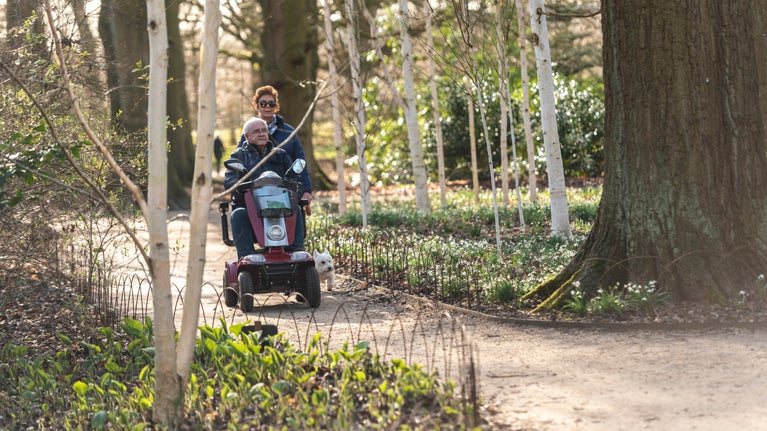 A visitor in a mobility scooter and another visitor walking their dog in the garden at Dunham Massey, Cheshire